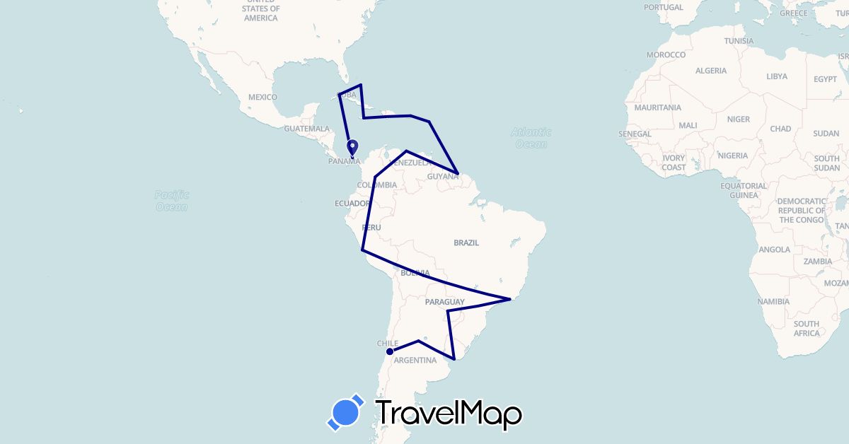 TravelMap itinerary: driving in Antigua and Barbuda, Argentina, Barbados, Bolivia, Brazil, Bahamas, Chile, Colombia, Cuba, Jamaica, Panama, Peru, Paraguay, Suriname, United States, Uruguay, Venezuela (North America, South America)